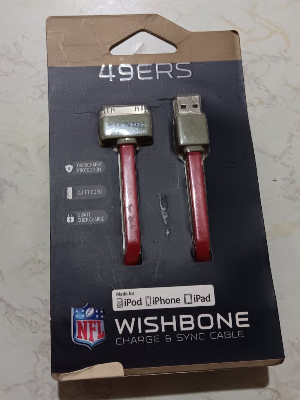 NEW San Francisco 49ers NFL Wishbone Apple Data Cable Retractable Cord